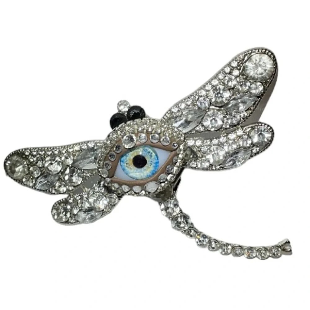 Dragonfly & Eye of Protection Brooch Pendant Handmade Glass Iris & Rhinestones